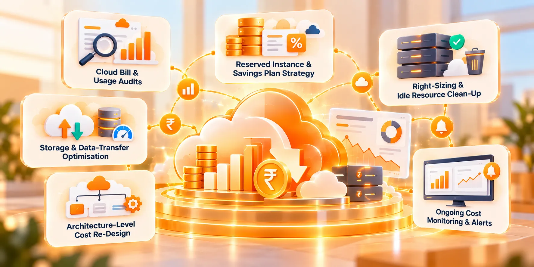 Cloud Cost Optimisation dashboard with analytics and bill reduction graphs