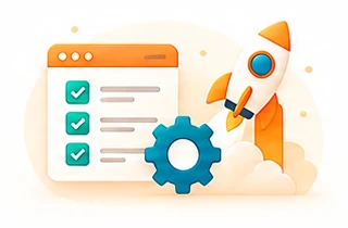 Test checklist with a gear and a rocket launching