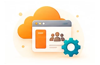 SaaS app window with users and a settings gear on a cloud