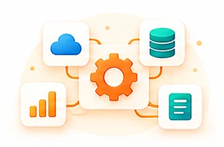 Cloud, database, analytics and document tools connected around a central gear